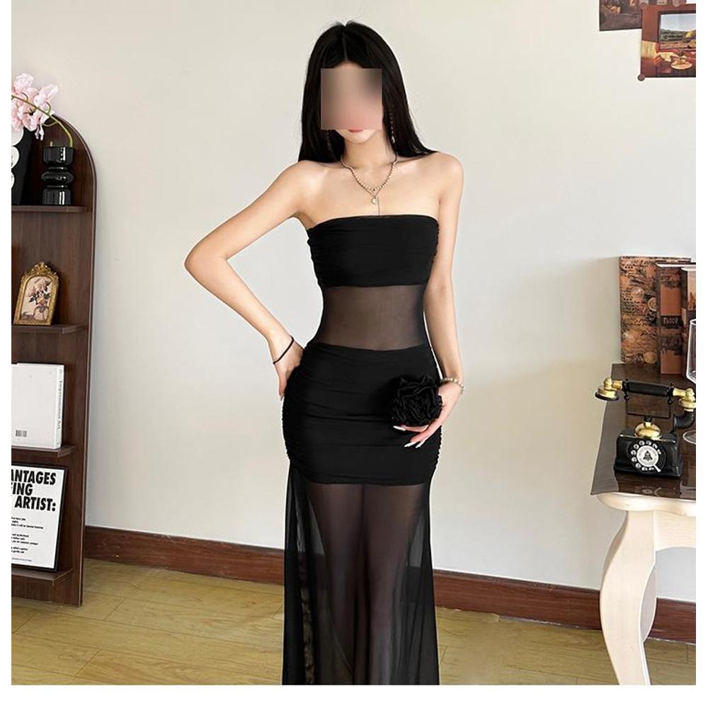 Floral Tube Mesh Long Dress - Fashionnsio