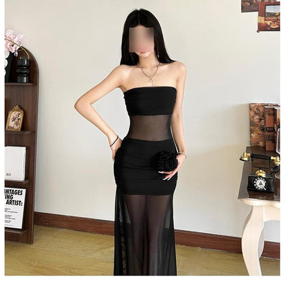 Floral Tube Mesh Long Dress - Fashionnsio
