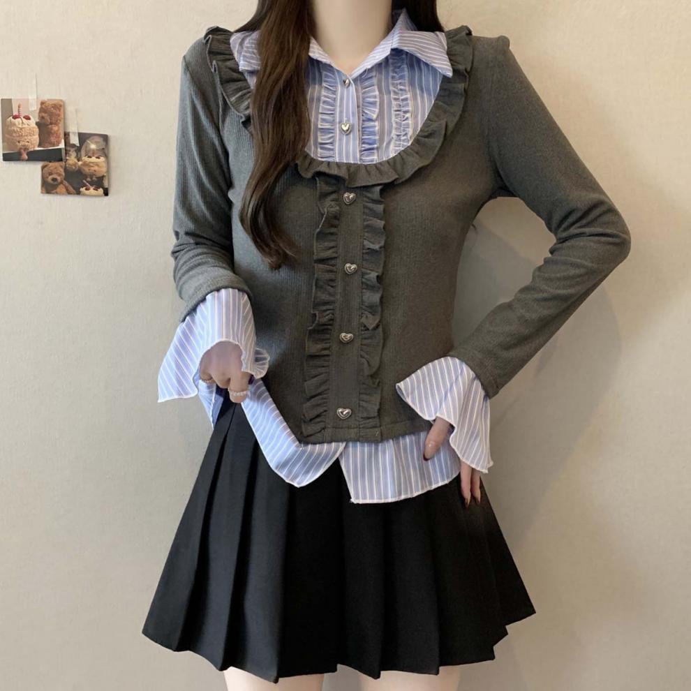 Y2K Collar Striped Korean Top - Fashionnsio
