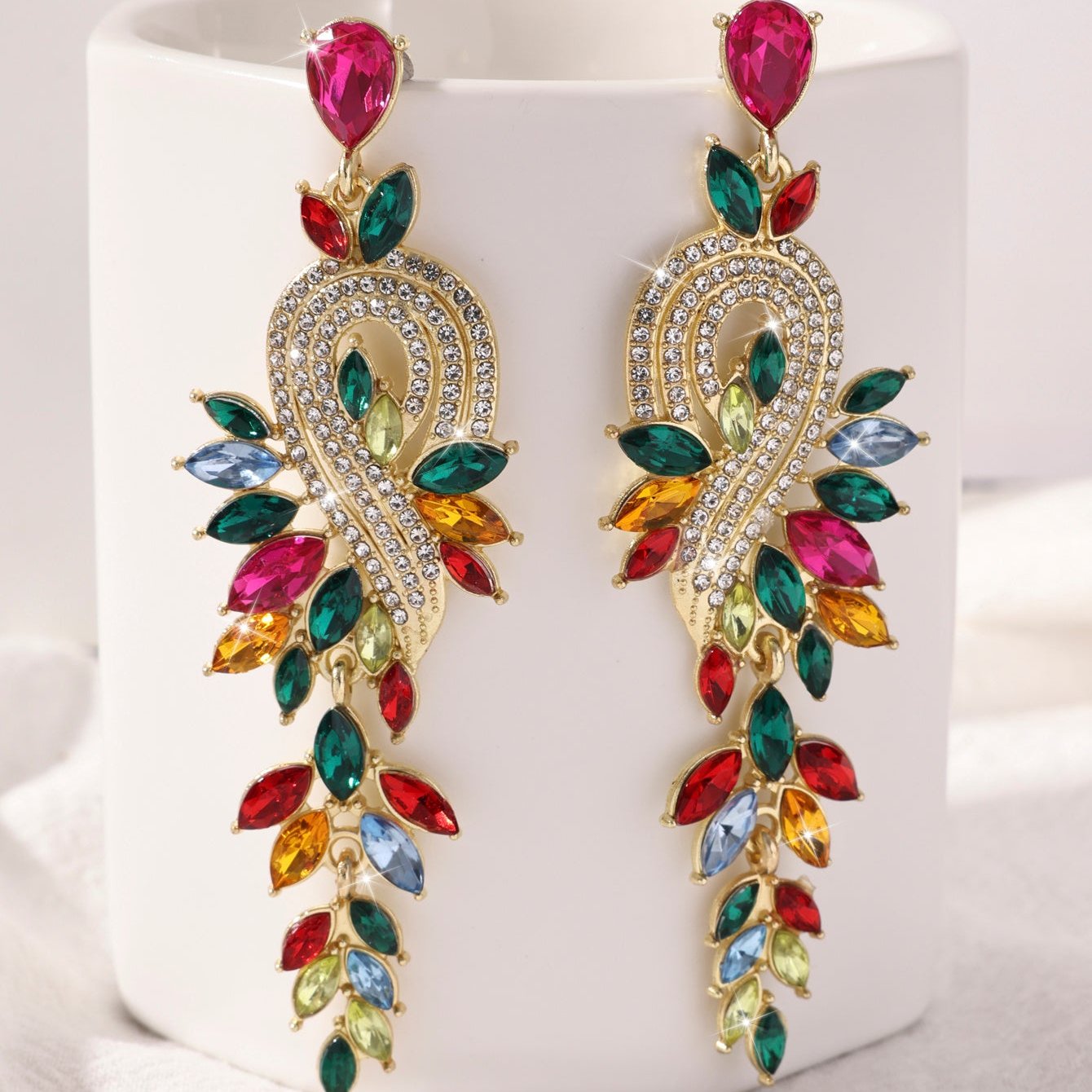 Peacock Leaf Crystal Long Earrings fashionnsio