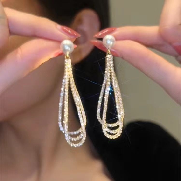 Korean Diamond Long Pearl Dangle Earrings fashionnsio