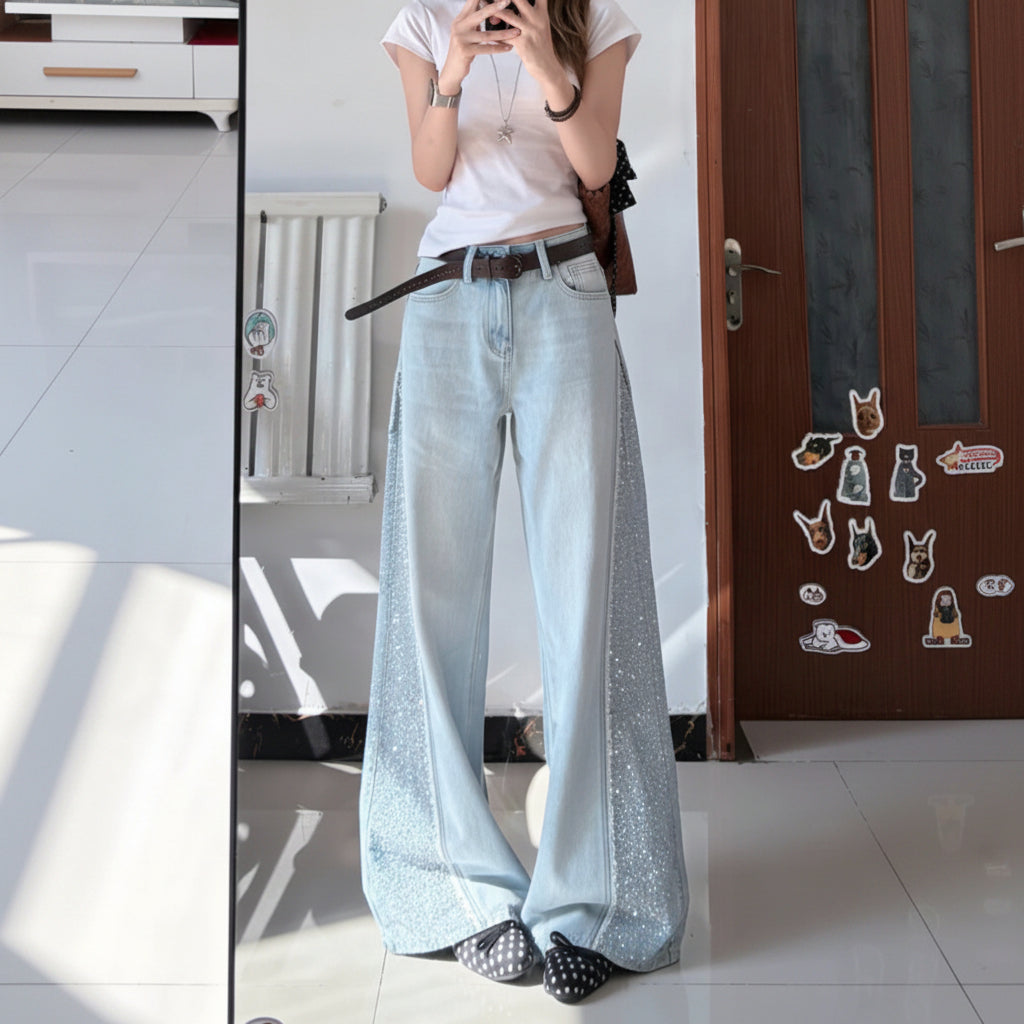 Wide Leg Sparkling Rhinestone Jeans - Fashionnsio