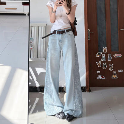Wide Leg Sparkling Rhinestone Jeans - Fashionnsio