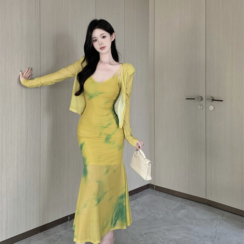 Long Bodycon Dress With Cardigan - Fashionnsio