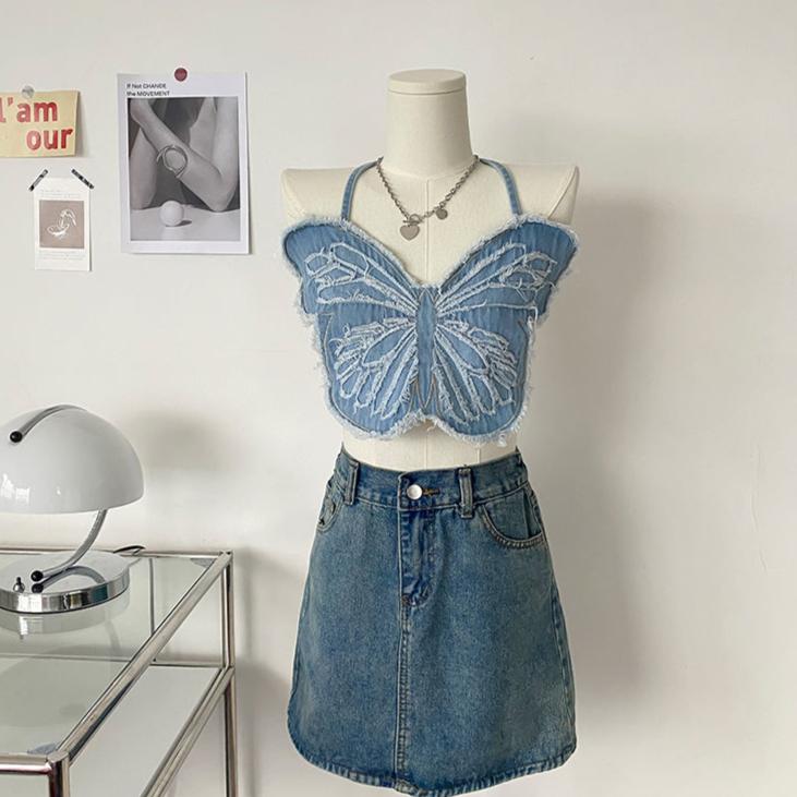 Butterfly Denim Halter Top