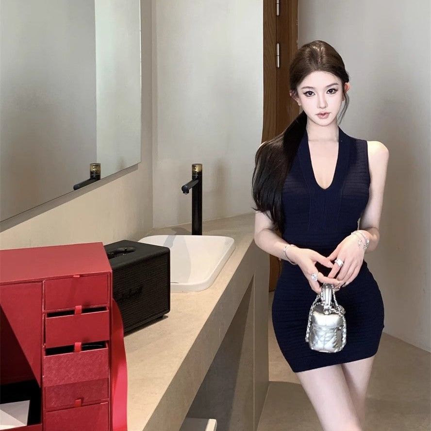 V-neck Knitted Mini Dress - Fashionnsio