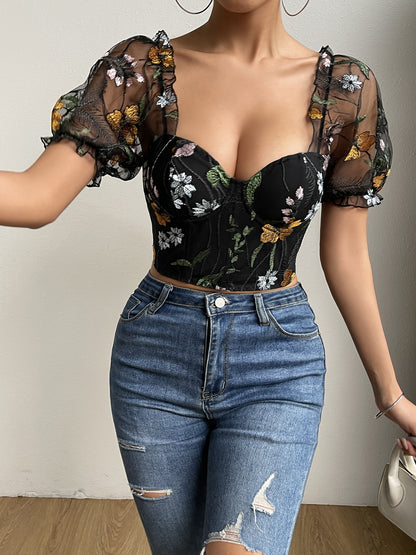 Flowers Embroidered Puff Sleeve Corset Top