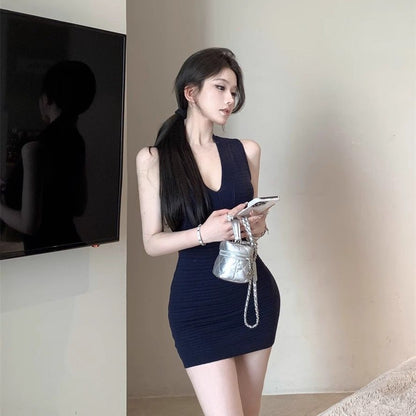 V-neck Knitted Mini Dress - Fashionnsio