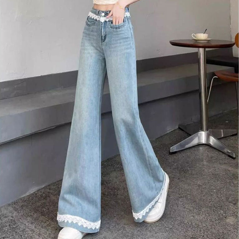 Wide Leg Trim Lace Jeans - Fashionnsio