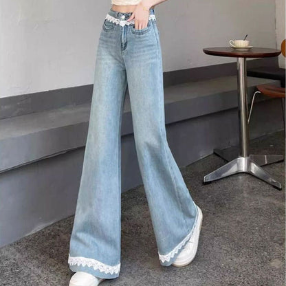 Wide Leg Trim Lace Jeans - Fashionnsio