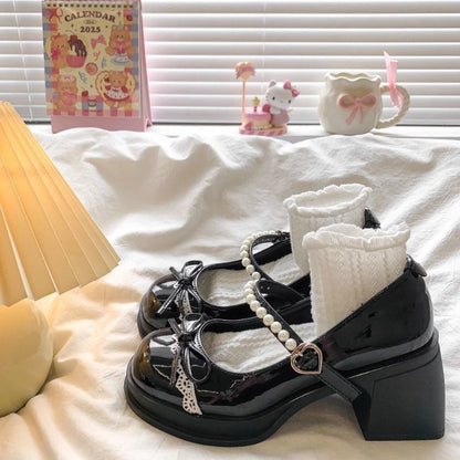 Pearl Strap Bow Chunky Heels - Fashionnsio
