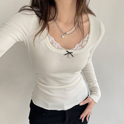 Long Sleeve Bow Lace Ribbed Top