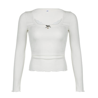 Long Sleeve Bow Lace Ribbed Top