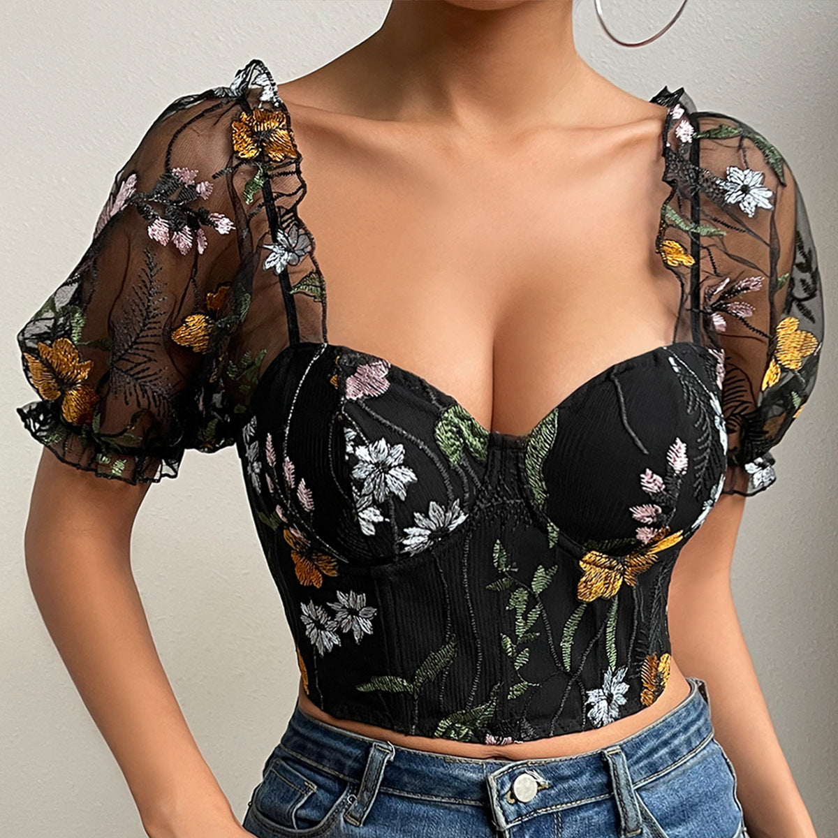 Flowers Embroidered Puff Sleeve Corset Top