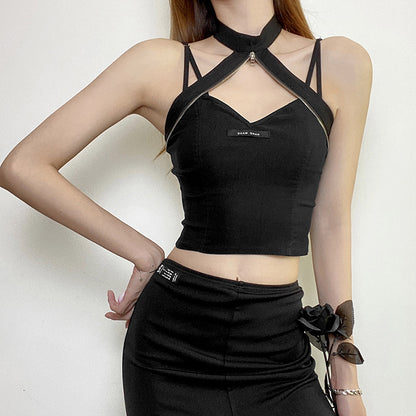 Zipper Halter Neck Crop Top