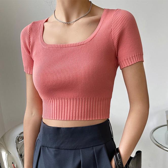 Square Neck Cropped Knit Top fashionnsio