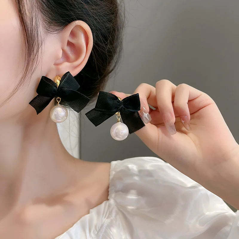 Ribbon Bow Knot Pearl Earrings fashionnsio