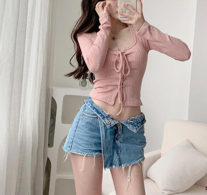 Knitted Bow Lace-up Long Sleeve Top fashionnsio