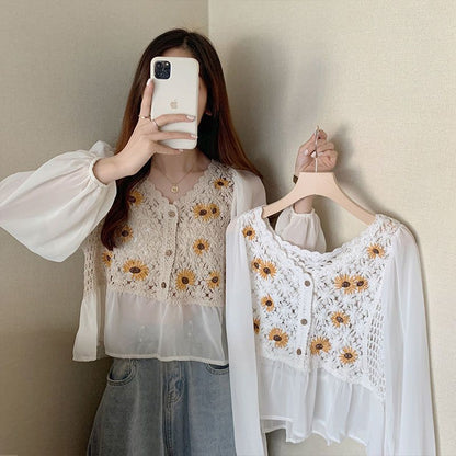 Flower Embroidery Puff Sleeve Blouse Top