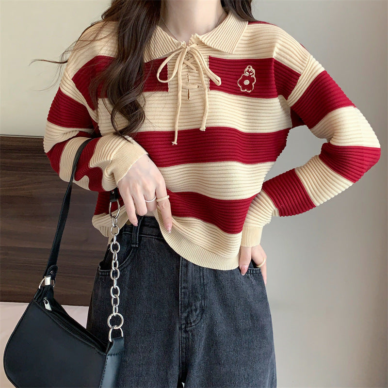 Striped Knitted Lace-up Sweater Top