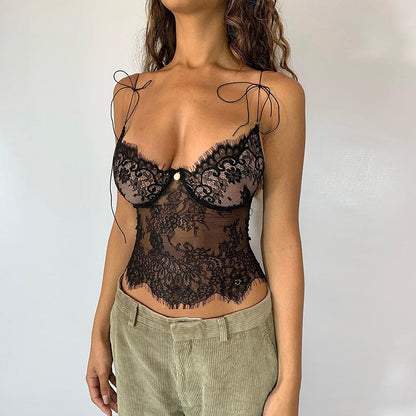 Floral Spaghetti Strap Lace Mesh Top