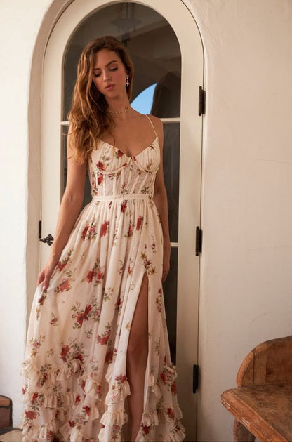 Floral Ruffle Slit Dress