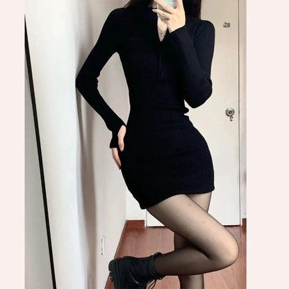 Knitted Zipper Long Sleeve Dress