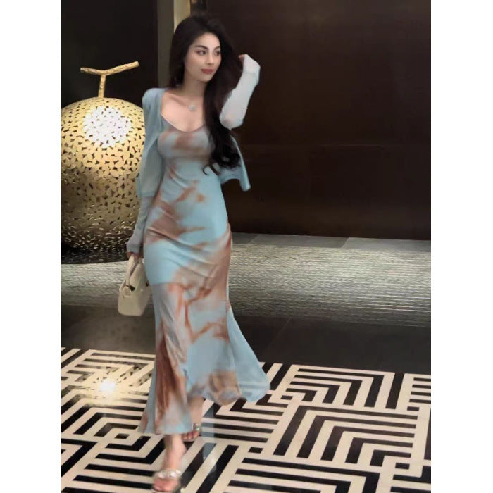 Bodycon Dress - Long Dress With Cardigan - Korean Dress Blue / 2XL Bodycon Dress - Long Dress With Cardigan - Korean Dress Blue / 2XL