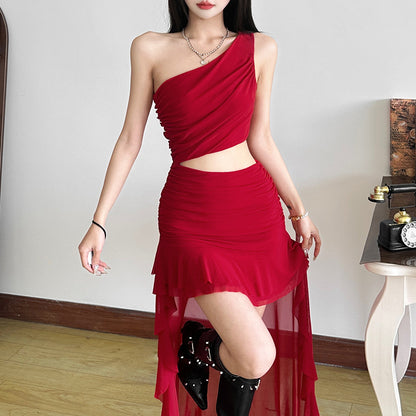 One Shoulder Cutout Ruffle Dress - Fashionnsio