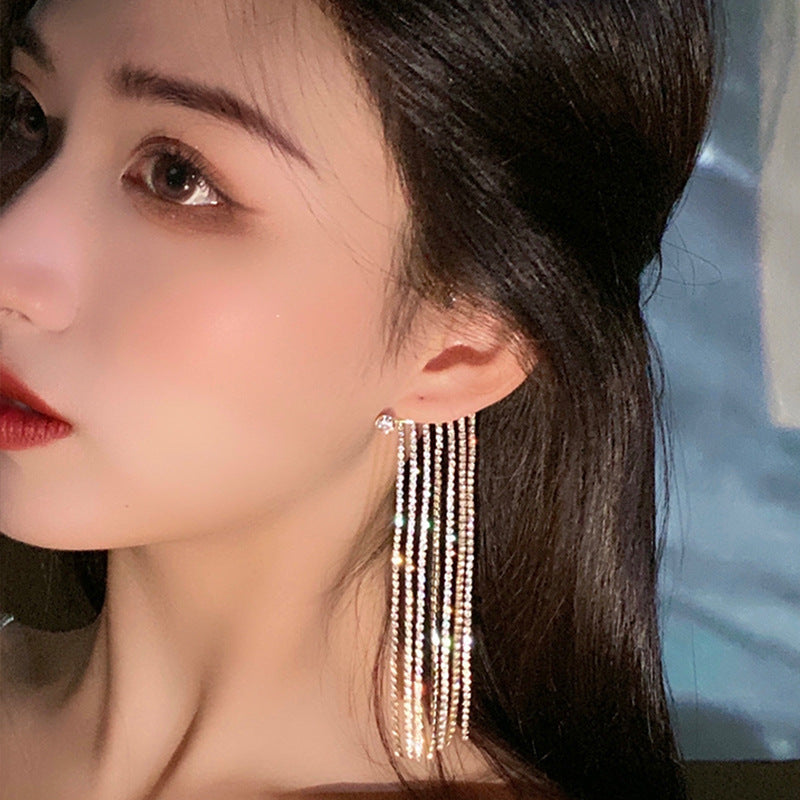 Long Tassel Rhinestone Chain Ear Cuff Earrings fashionnsio