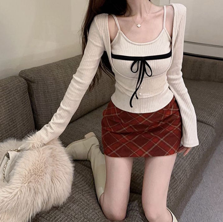 Korean Bow Knit Two Piece Set Top