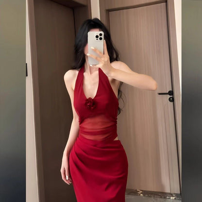 Mesh Splicing Halter Long Dress - Fashionnsio