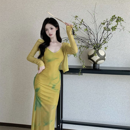 Long Bodycon Dress With Cardigan - Fashionnsio