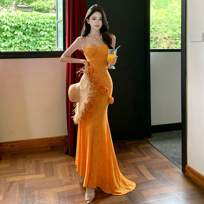 3D Floral Strapless Maxi Dress - Fashionnsio