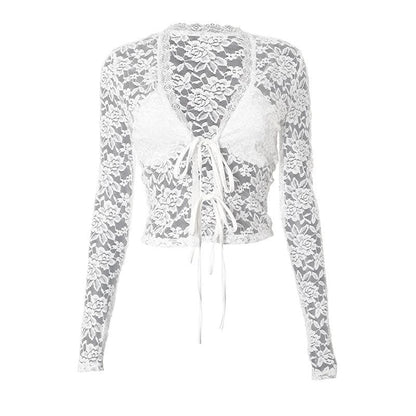 Lace V-neck Lace-up Top/Cardigan