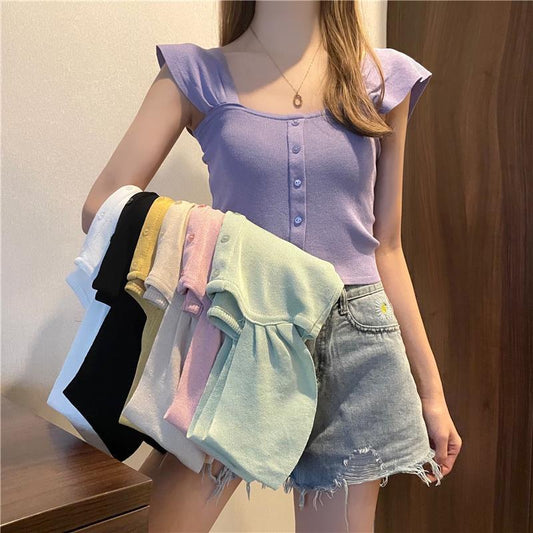 Knitted Button Up Crop Top fashionnsio